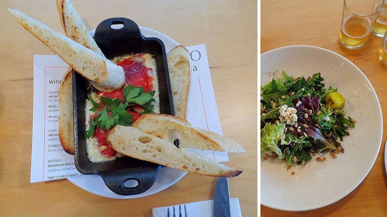 The roasted piquillo pepper appetizer and a gorgonzola-studded house salad.