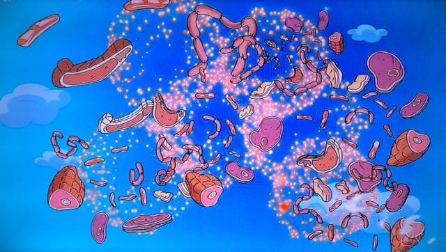 Simpsons still of barbecued meats floating through the air. 