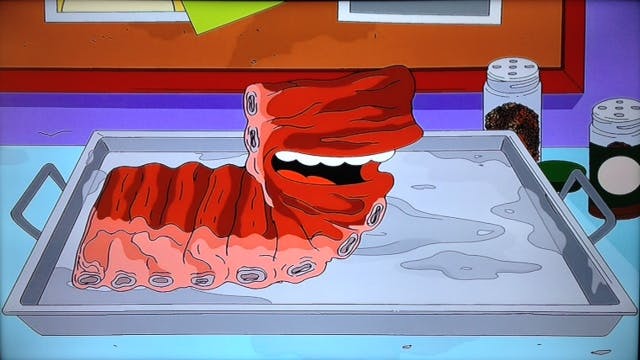 Simpsons still of a rack of ribs with a mouth. 