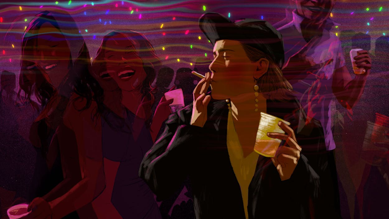 Illustration of a partygoer drinking and smoking in a crowd.