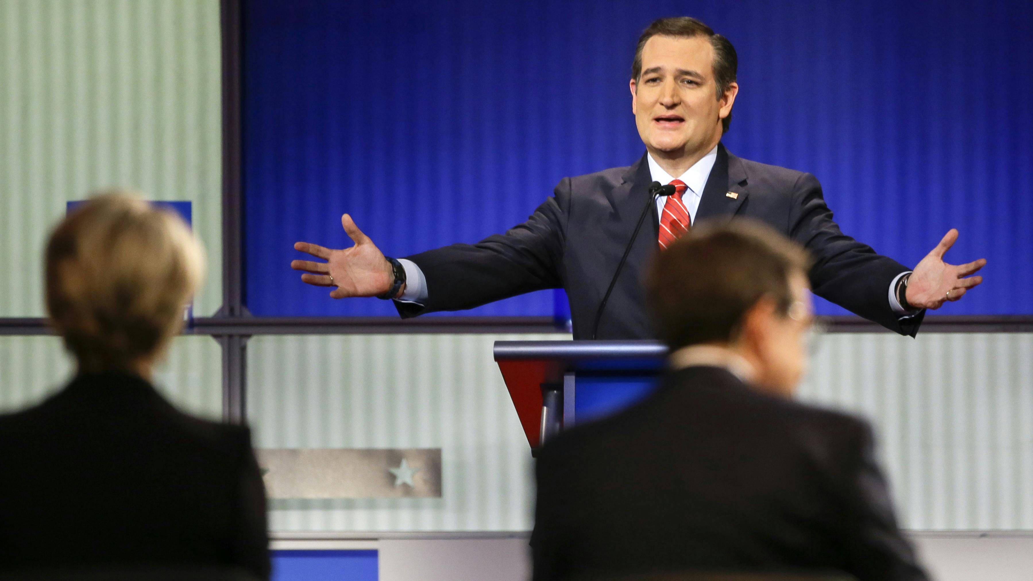 Republican presidential candidate Sen. Ted Cruz, R-Texas, answers a question during a Republican presidential primary debate, Thursday, Jan. 28, 2016, in Des Moines, Iowa. 