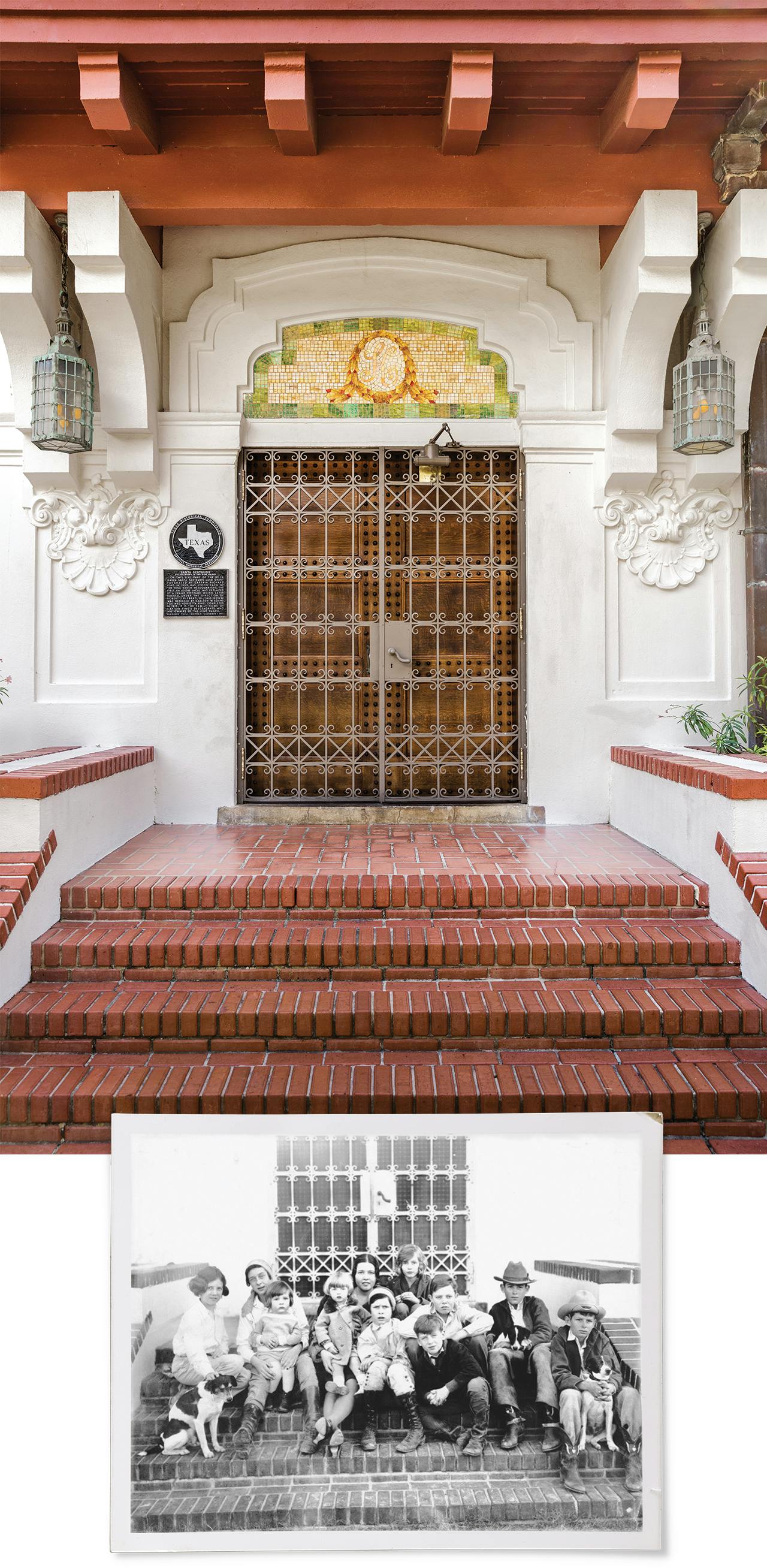 The north entrance to the house features art glass inlaid with the letter K above the door and an ornamental gate designed by Tiffany; the members of the King family sit outside that same north entrance in an undated photo.