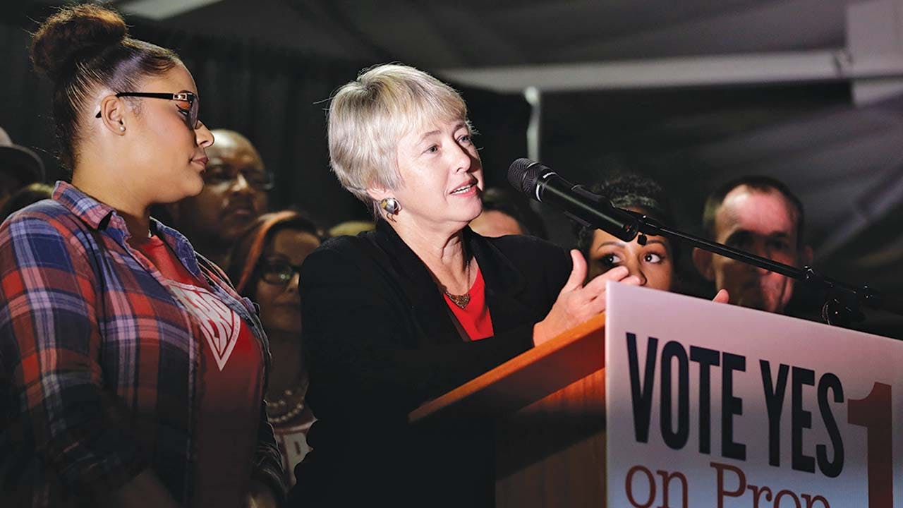 Houston mayor Annise Parker speaks to HERO supporters on Election Day, November 3, 2015.