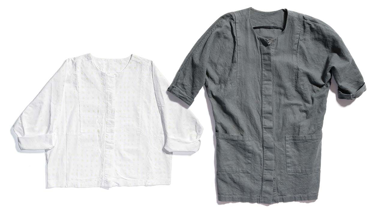 Woven cotton shirt with handprinted dots ($140) and gray tunic ($175).