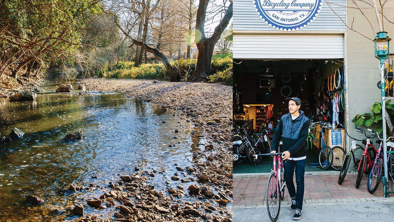 The Headwaters at Incarnate Word Sanctuary (left) and Blue Star Bike Shop.