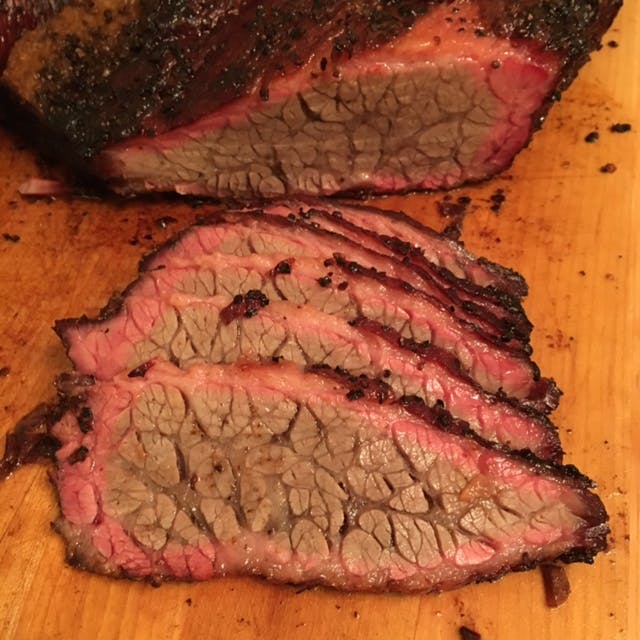 Sliced, perfectly smoked brisket. 