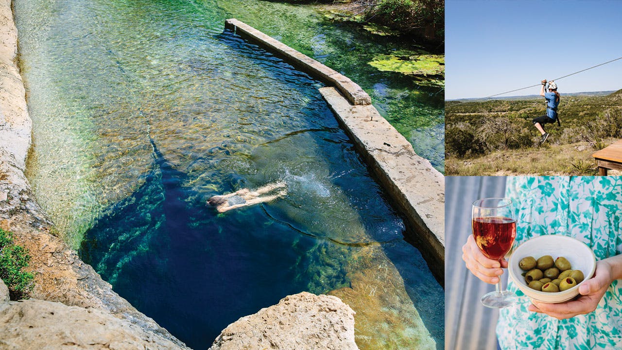 Jacob's Well, Wimberley Zipline Adventures, and Bella Vista Ranch.