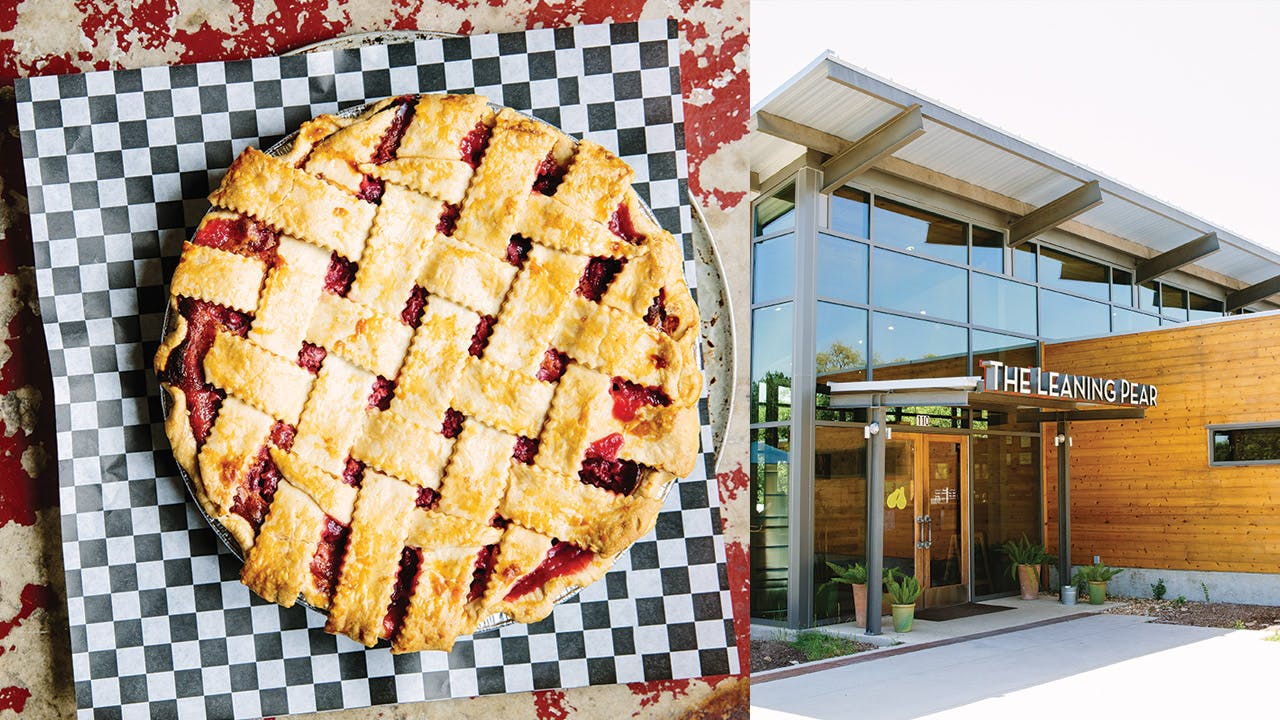 Treat yourself to one of the Wimberley Pie Company's homemade desserts; the exterior of the Leaning Pear, near the banks of Cypress Creek.