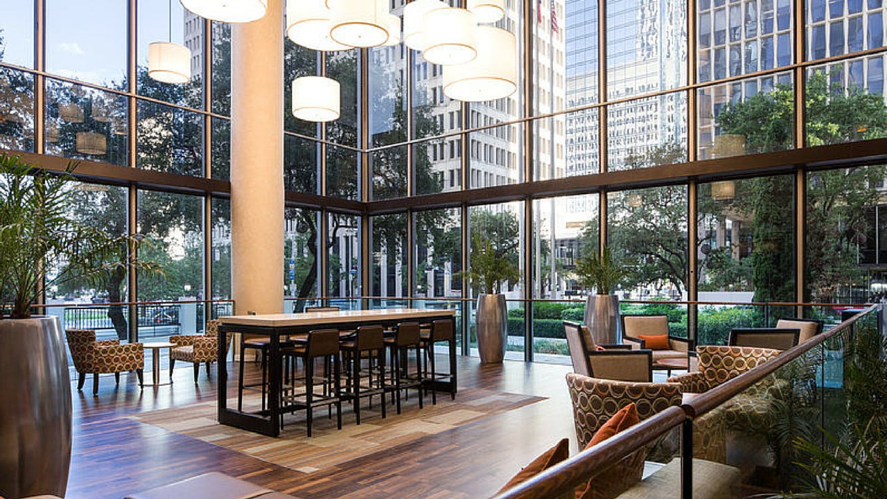 The atrium of Houston's newly renovated Whitehall Hotel.