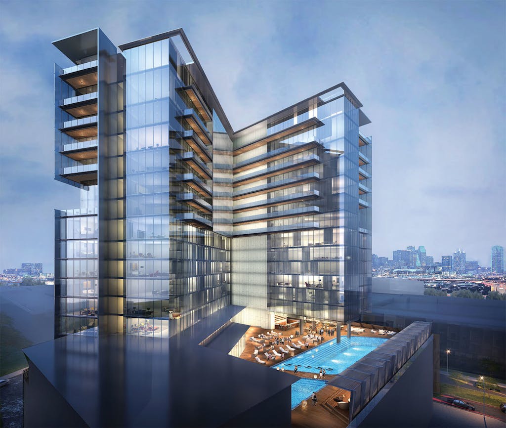 A rendering of the Virgin Hotel going up in the Dallas Design District.