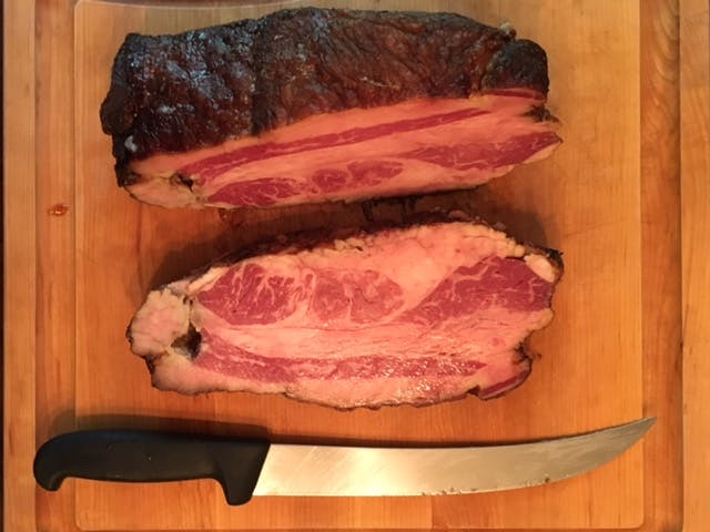 Cooked beef belly bacon. 