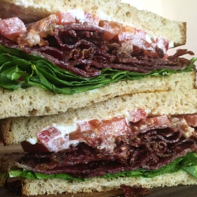 BLT sandwich made with beef belly bacon. 