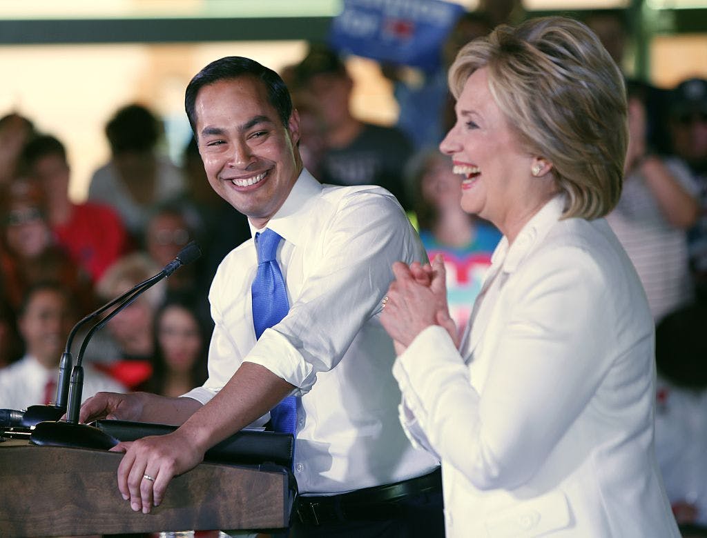 Secretary of Housing and Urban Development Secretary Julian Castro introduces Democratic presidential candidate Hillary Clinton at a "Latinos for Hillary" grassroots event October 15, 2015 in San Antonio, Texas.