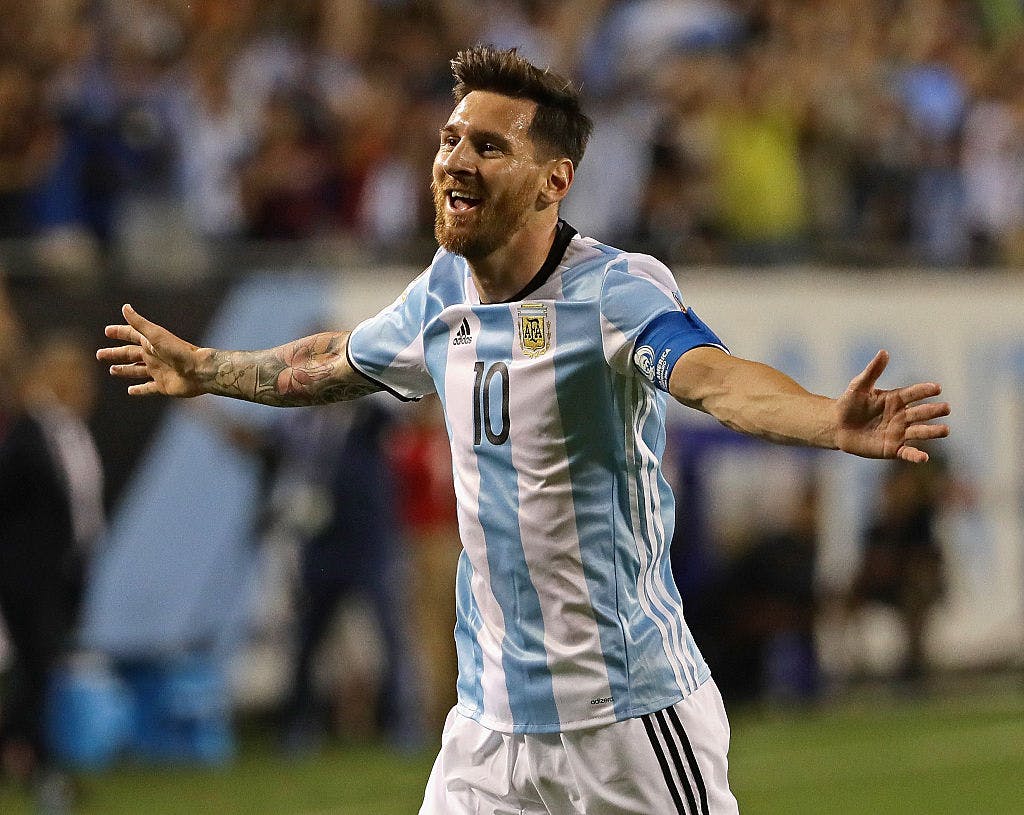 Lionel Messi of Argentina celebrates his second goal against Panama during a match in the 2016 Copa America Centenario at Soldier Field on June 10, 2016 in Chicago, Illinois.