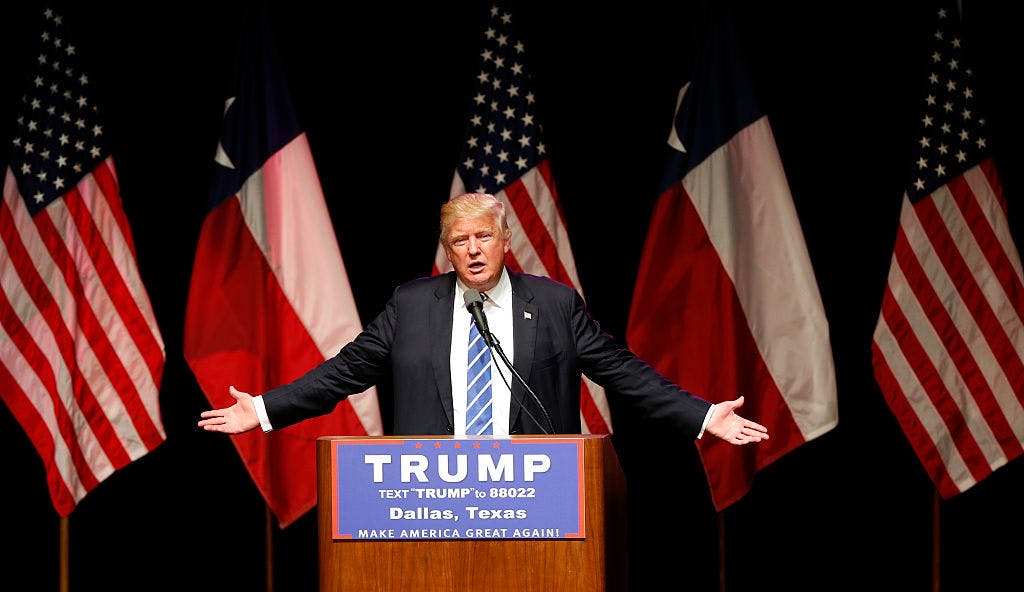 Republican presidential candidate Donald Trump speaks on June 16, 2016 at Gilley's in Dallas, Texas. Trump arrived in Texas on Thursday with plans to hold rallies and fundraisers. 