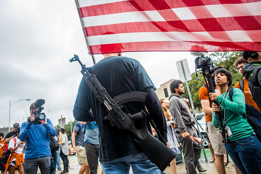 AUSTIN, TX - DECEMBER 12: Gun activists march close to The University of Texas campus December 12, 2015 in Austin, Texas. 