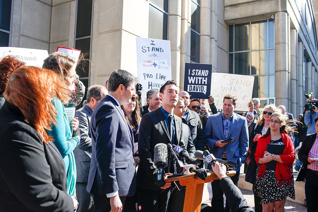 David Daleiden, a defendant in a Planned Parenthood video, speaks to media Thursday Feb. 4, 2016 in Houston outside the Harris County Courthouse.