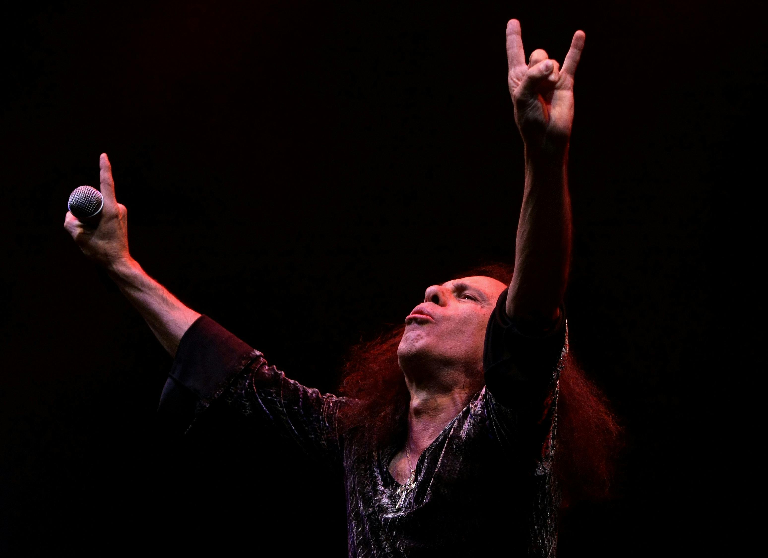 MELBOURNE, AUSTRALIA-AUGUST 10: Ronnie James Dio performs on stage with Heaven and Hell during their Heaven and Hell 2007 tour at Rod Laver Arena on August 10, 2007 in Melbourne, Australia. Heaven and Hell is a musical collaboration featuring Black Sabbath members Tony Iommi and Geezer Butler along with former members Ronnie James Dio and Vinny Appice. (Photo by Robert Cianflone/Getty Images)