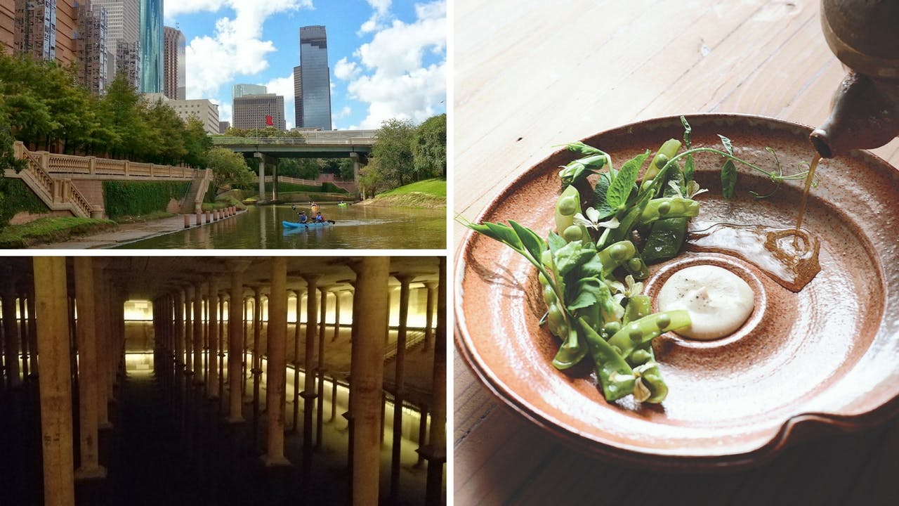 Kayakers along Buffalo Bayou (top left), the subterranean Cistern (bottom left), and a dish at Oxheart (right).