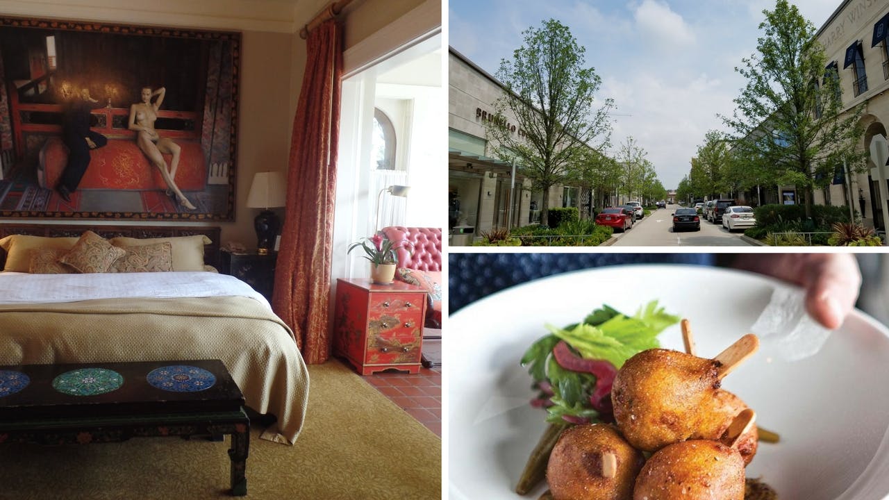 An art-filled suite at La Colombe d'Or (left), the high-end River Oaks District (top right), and boudin corn dogs at Ritual (bottom right).