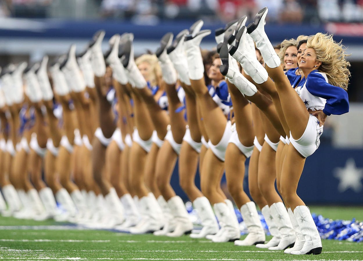 Dallas Cowboys cheerleaders kickline.