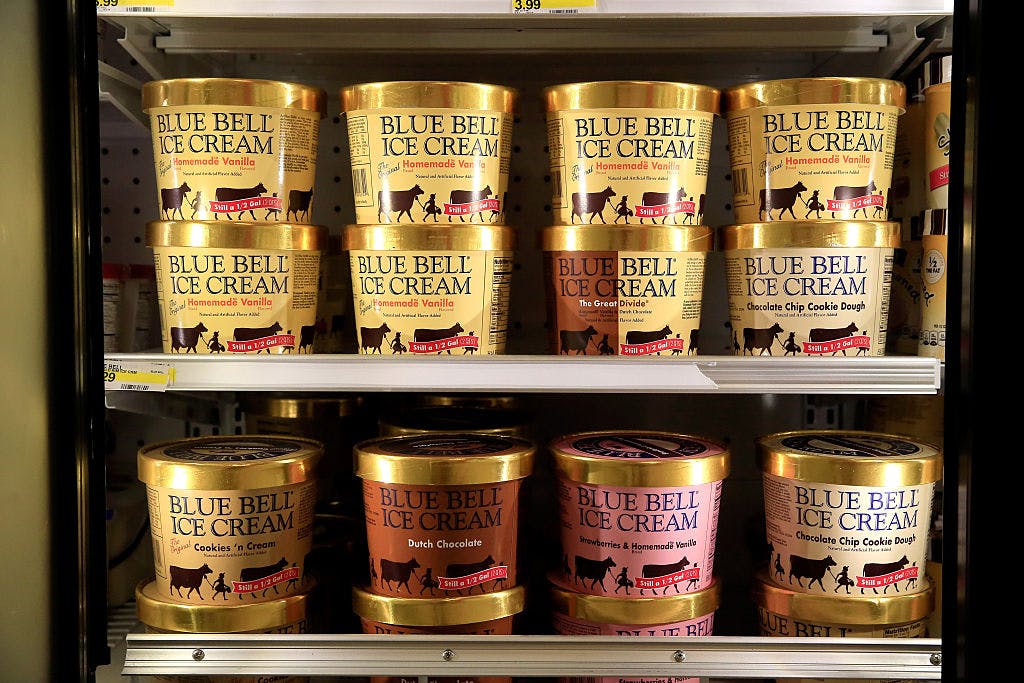 Blue Bell Ice Cream is seen on shelves of an Overland Park grocery store prior to being removed on April 21, 2015 in Overland Park, Kansas. On Tuesday, Blue Bell again recalled select products out of concern for possible listeria contamination.