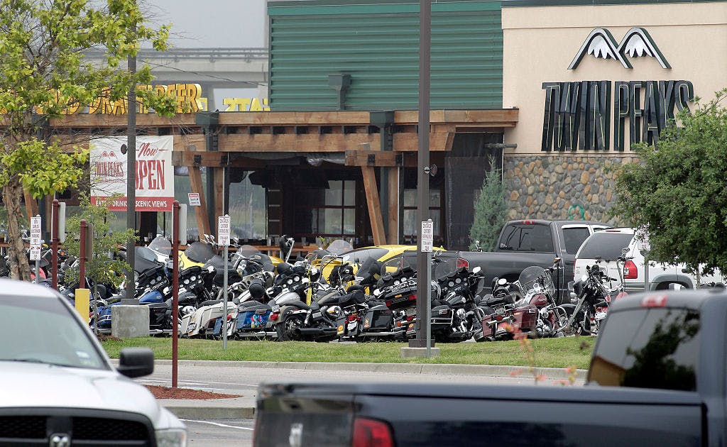 The Twin Peaks restaurant, the scene of a motorcycle gang shootout, is seen May 18, 2015 in Waco, Texas. A shootout between rival biker gangs began in the afternoon May 17, led to nine dead, many injured and 170 arrested. 