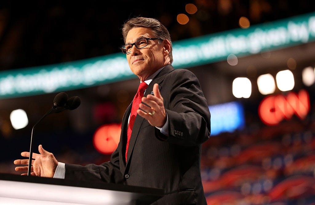 CLEVELAND, OH - JULY 18: Former Texas Governor Rick Perry delivers a speech on the first day of the Republican National Convention on July 18, 2016 at the Quicken Loans Arena in Cleveland, Ohio. 
