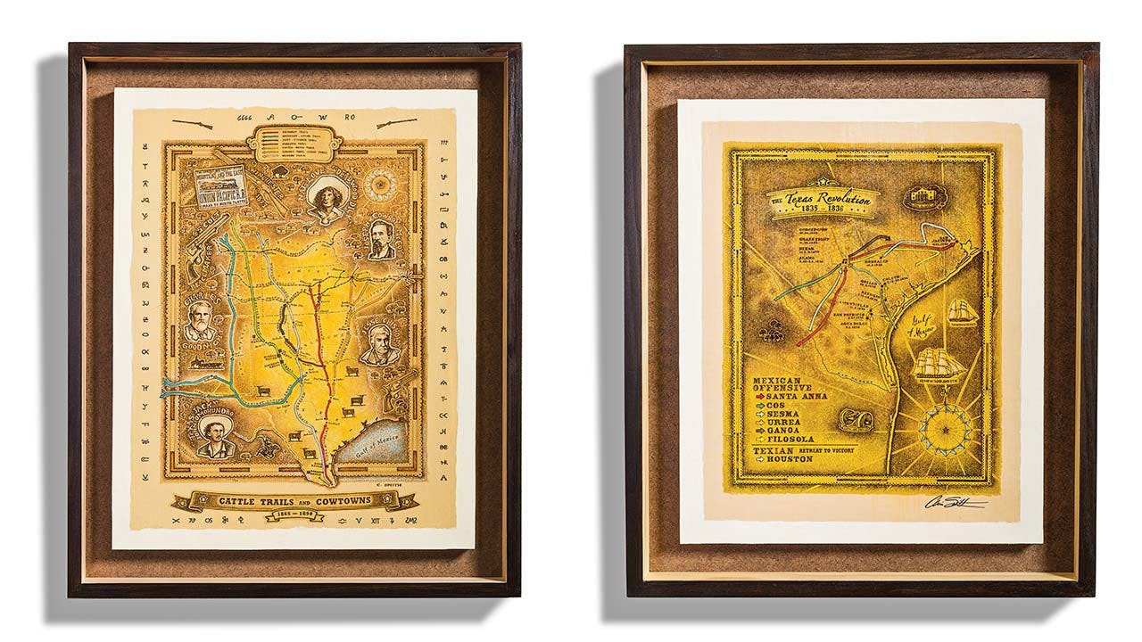 Two of Smith’s maps, Cattle Trails and Cowtowns ($35 to $4,300) and The Texas Revolution ($20 to $2,400).