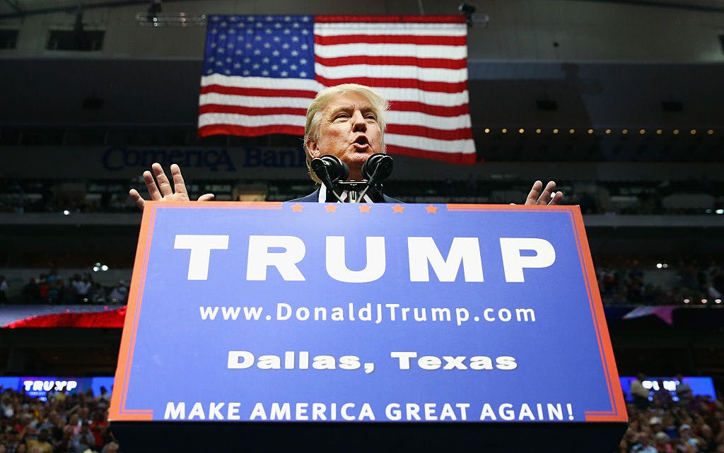 Republican presidential candidate Donald Trump speaks during a campaign rally at the American Airlines Center on September 14, 2015 in Dallas, Texas. More than 20,000 tickets have been distributed for the event. (Photo by Tom Pennington/Getty Images)