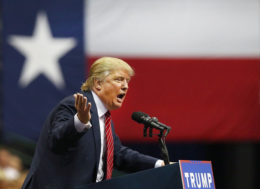 Republican presidential candidate Donald Trump speaks during a campaign rally at the American Airlines Center on September 14, 2015 in Dallas, Texas.