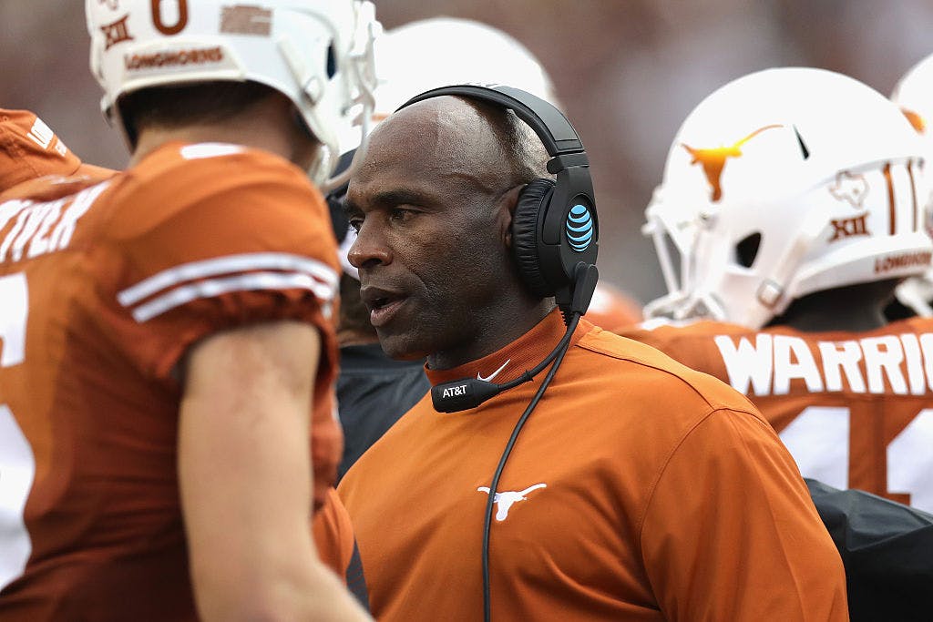 Head coach Charlie Strong of the Texas Longhorns reacts during the first half of the game against the Notre Dame Fighting Irish at Darrell K. Royal-Texas Memorial Stadium on September 4, 2016 in Austin, Texas. 
