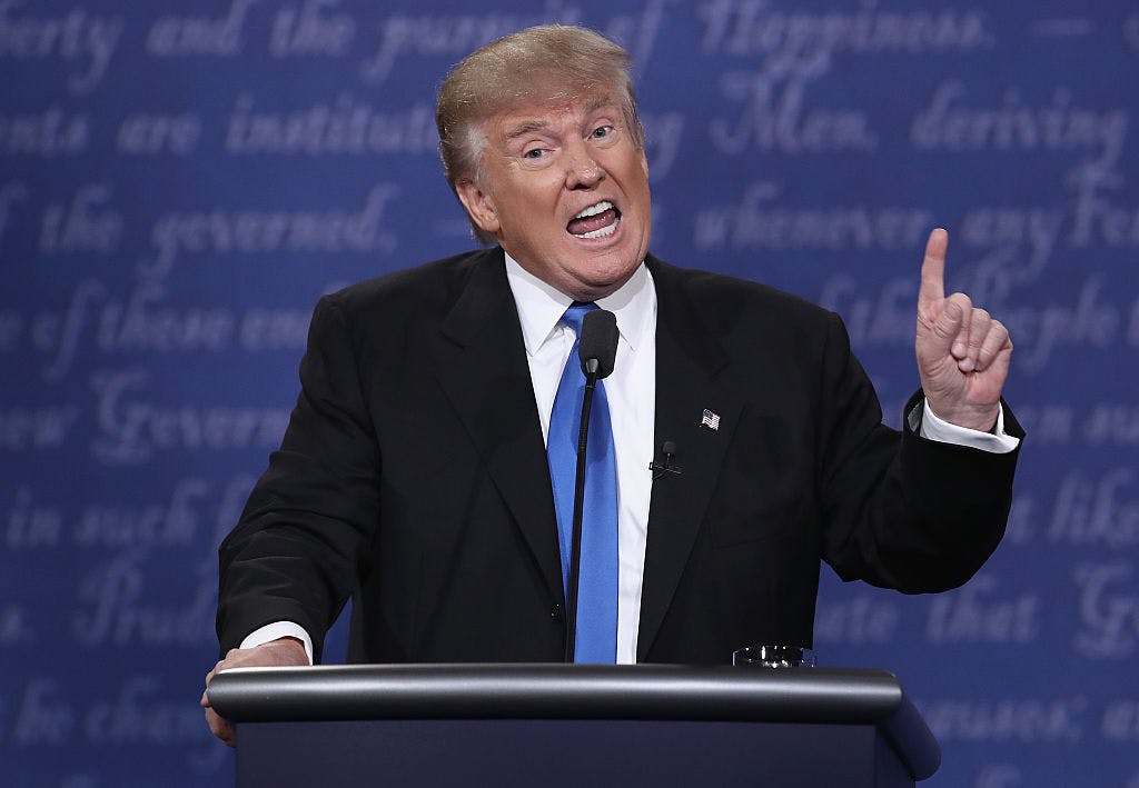 Republican presidential nominee Donald Trump speaks during the Presidential Debate at Hofstra University on September 26, 2016 in Hempstead, New York.