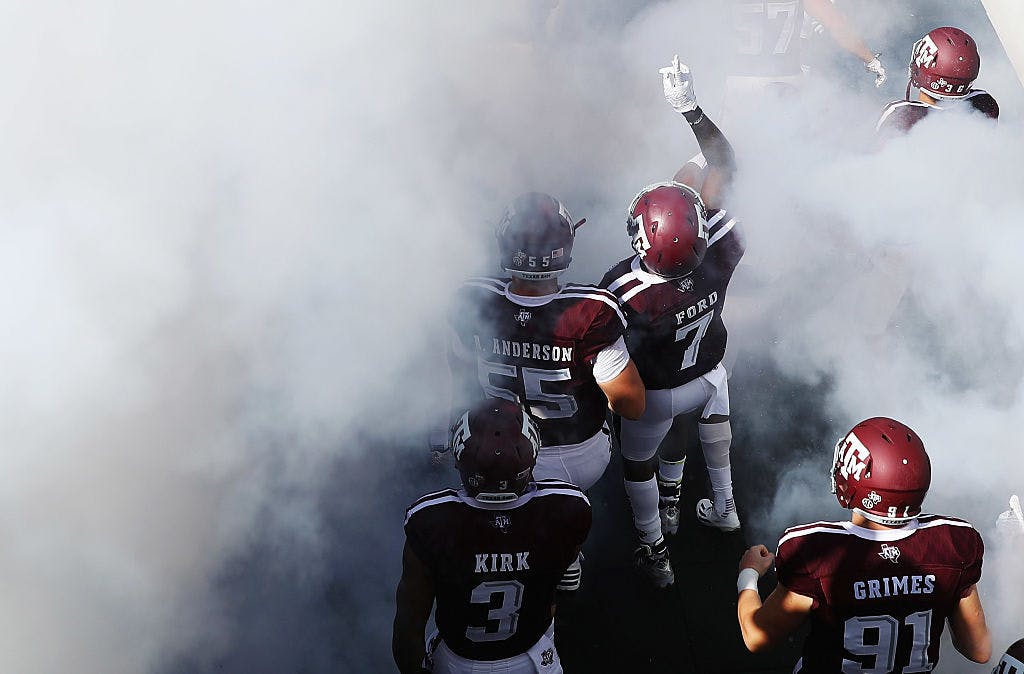 The Texas A&M Aggies walk out to the field prior to the start of their game against the Tennessee Volunteers at Kyle Field on October 8, 2016 in College Station, Texas. 