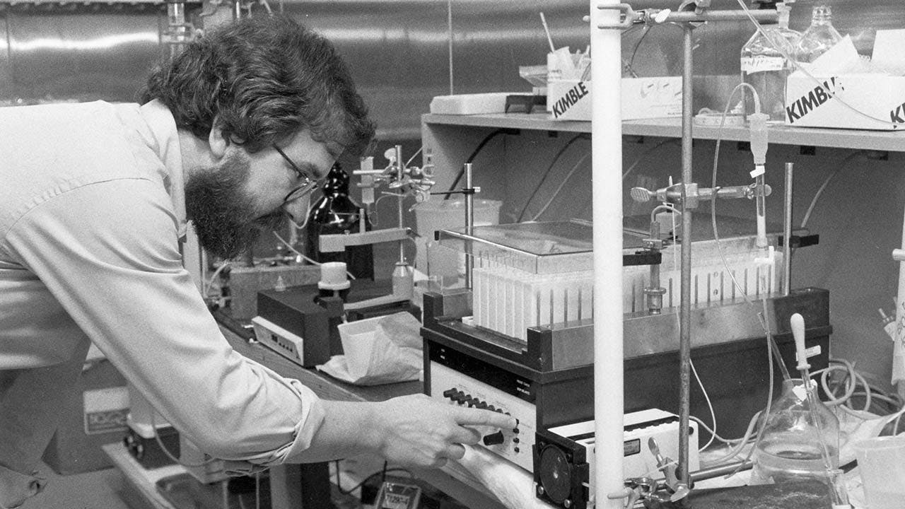 Allison conducting research at the MD Anderson facility outside Smithville, where he worked from 1977 to 1984. 