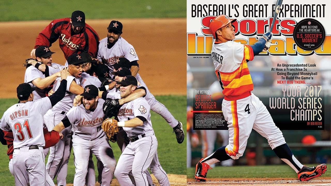 The Astros celebrate their first and only pennant after beating the St. Louis Cardinals in game six of the 2005 NLCS; Sports Illustrated’s bold cover prediction in 2014. 