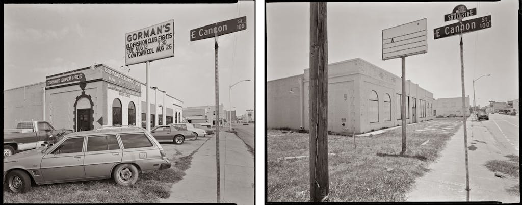 Left: A street in Fort Worth photographed in 1980 by Byrd Williams IV. Right: The same street in 2015. 