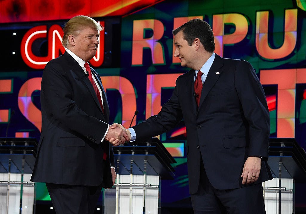 LAS VEGAS, NV - DECEMBER 15: Republican presidential candidates Donald Trump (L) and Sen. Ted Cruz (R-TX) shake hands as they are introduced during the CNN presidential debate at The Venetian Las Vegas on December 15, 2015 in Las Vegas, Nevada. 