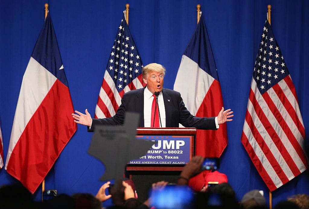 Republican presidential candidate Donald Trump speaks at a rally at the Fort Worth Convention Center on February 26, 2016 in Fort Worth, Texas. 