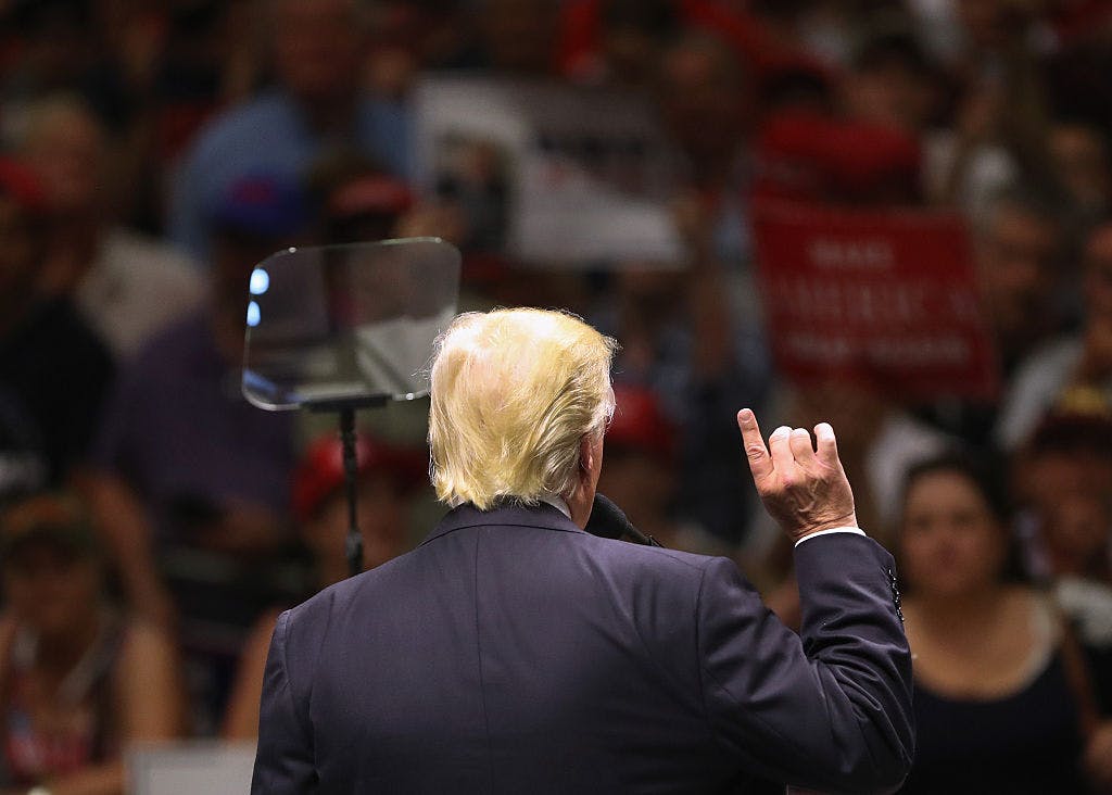 Republican Presidential nominee Donald Trump speaks from a teleprompter while addressing supporters on August 23, 2016 in Austin, Texas. 