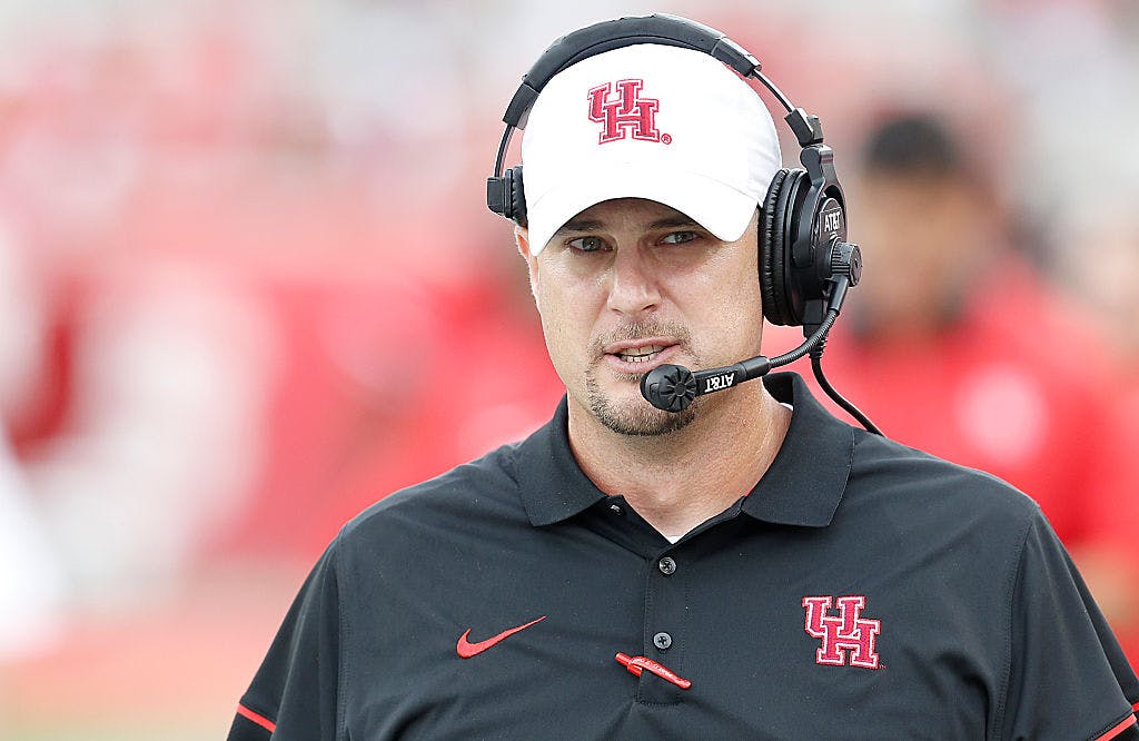 Former Houston Cougars head coach Tom Herman walks the sidelines as he coaches against the Lamar Cardinals in the second quarter at TDECU Stadium on September 10, 2016 in Houston, Texas. Houston won 42 to 0. 