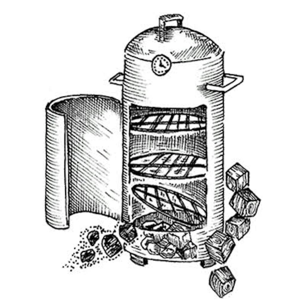 Fig. 2 — Vertical Smoker In this case, your primary fuel is charcoal, so for smoke, add dry wood chunks (these come in roughly 3-inch cubes). Chunks burn more slowly than chips, providing smoke over a longer period. Though it's a common suggestion, there's no need to soak the chunks in water. 