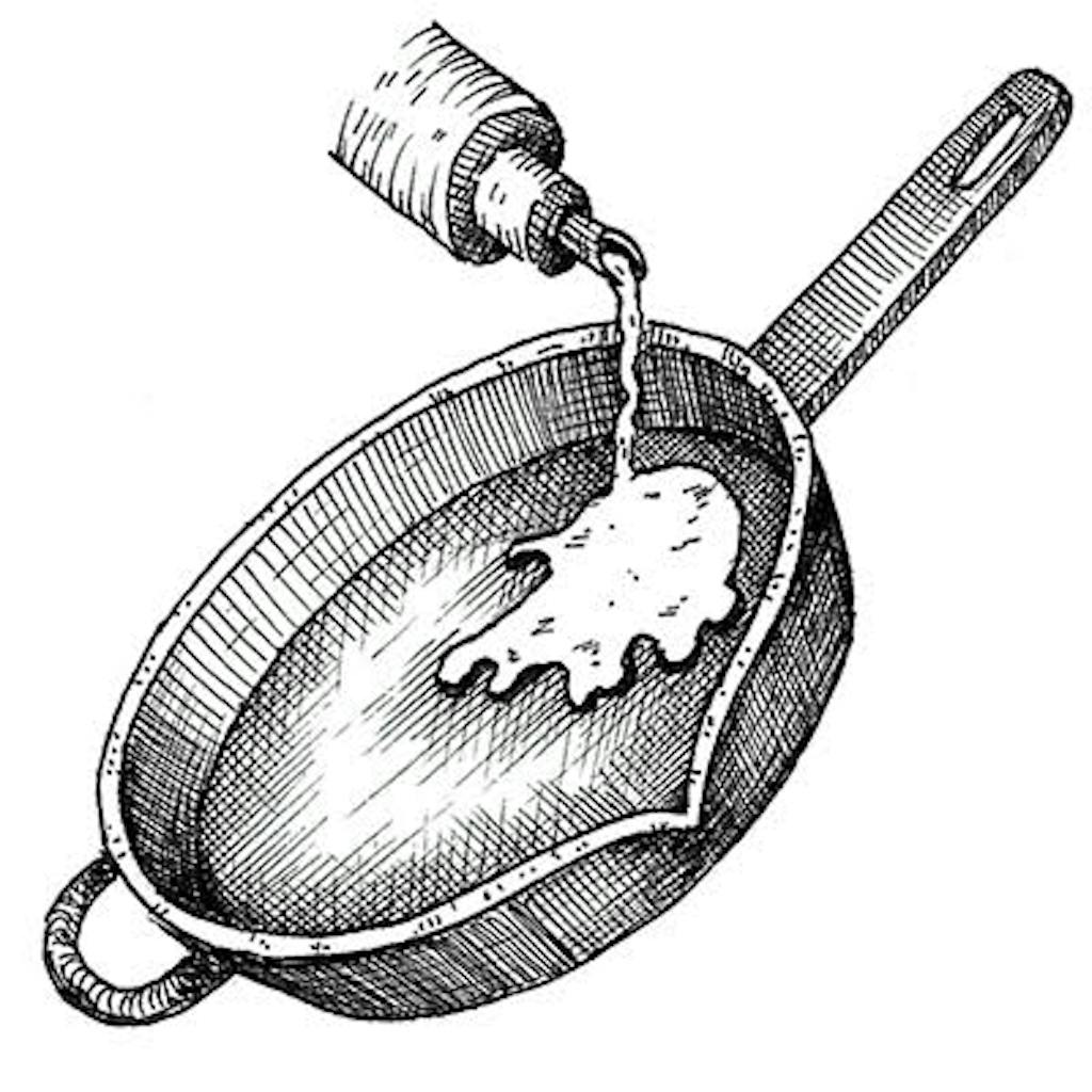 Fig. 2 — Coat skillet with bacon grease, olive oil, or vegetable oil. Then wipe it off, leaving just a hint of a sheen. Place skillet in a 350-degree oven. 