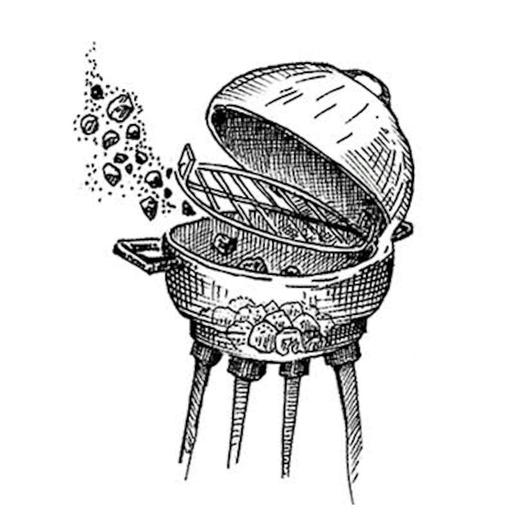 Fig. 3 — Grill Bank charcoal on one side and light a few pieces on the edge; you'll get steady low heat as the fire spreads across the coals. Place your meat away from the fire and cook with the lid down. For smoke, use wood chips, which slip easily through the grate and can be added continually.