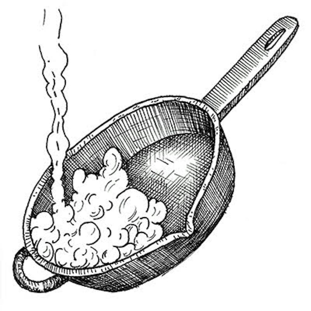Fig. 1 — Boil water in skillet and dump. Repeat three or four times. If skillet is flaking, fill it with coarse salt and a little hot water. Scrub vigorously with a rag. Rinse.