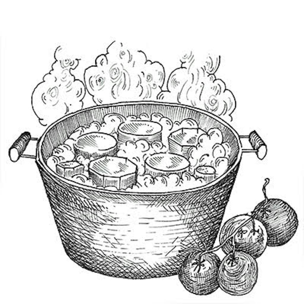 Fig. 3 — Canning Storage for the long term. After preserving, you immerse the filled jars, lids on, in boiling water for 10 minutes. When the jars cool, the lids seal with a "pop" and create a vacuum that shuts out oxygen and bacteria. No refrigerator needed.