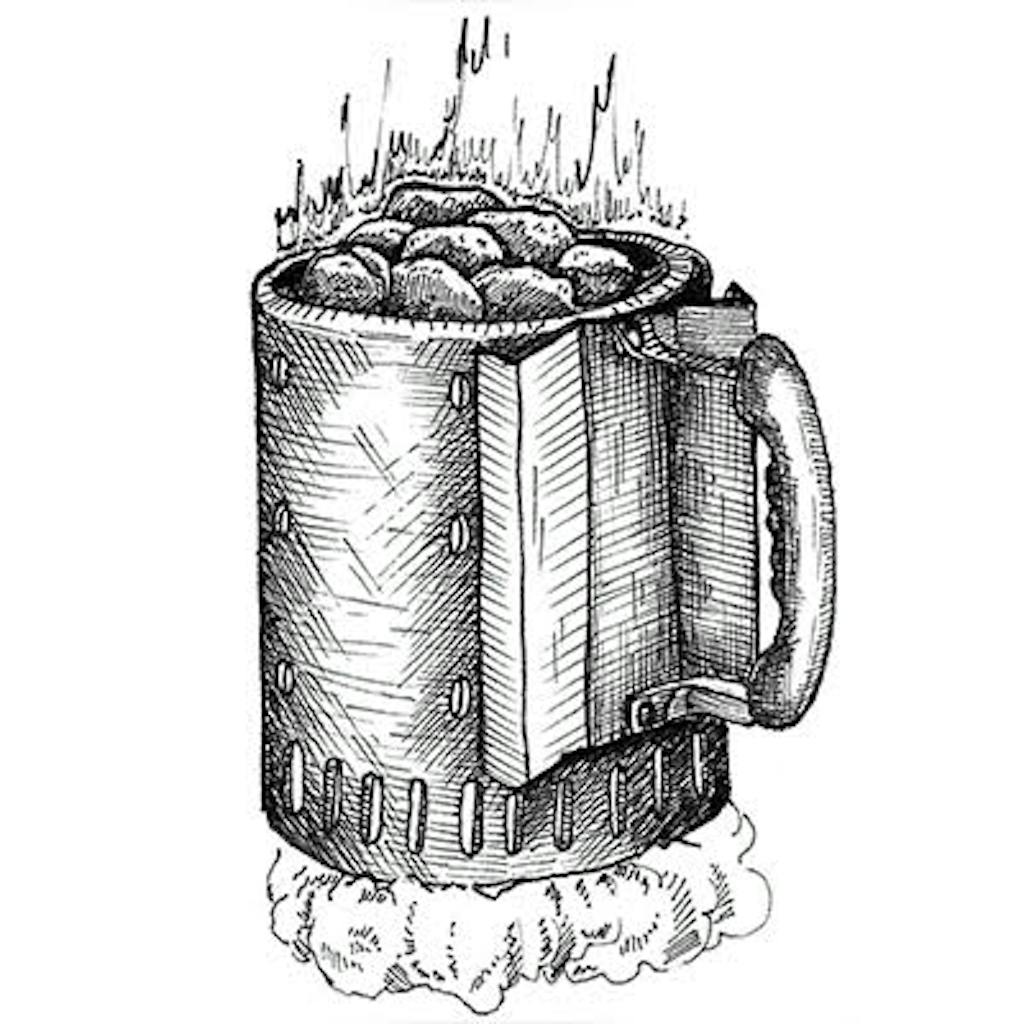 Fig. 1 — Chimney Starter Very fast and easy. Stuff a fist-size ball of newspaper into the lower chamber of the chimney, fill chimney with charcoal, then light the paper. The paper will ignite the coals in about 10 minutes; when you see them glowing, pour them into the center of your grill.