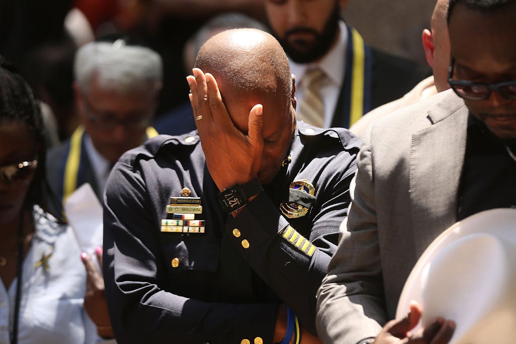 DALLAS, TX - JULY 08: Dallas Police Chief David Brown pauses at a prayer vigil following the deaths of five police officers last night during a Black Live Matter march on July 8, 2016 in Dallas, Texas. Five police officers were killed and seven others were injured in a coordinated ambush at a anti-police brutality demonstration in Dallas. Investigators are saying the suspect is 25-year-old Micah Xavier Johnson of Mesquite, Texas. This is the deadliest incident for U.S. law enforcement since September 11. (Photo by Spencer Platt/Getty Images)
