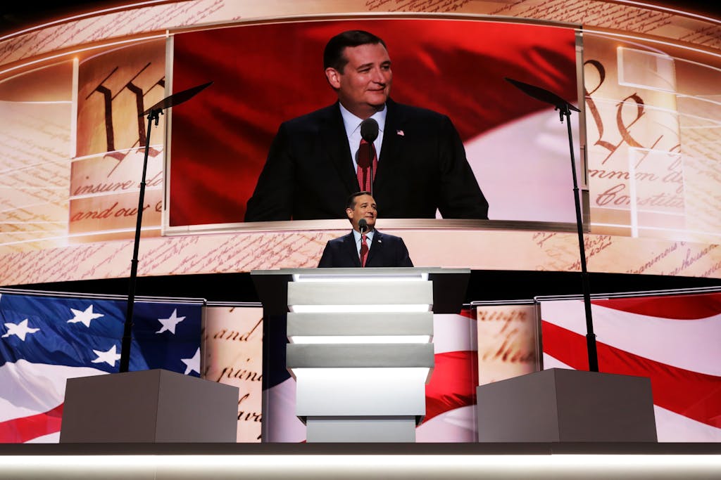 CLEVELAND, OH - JULY 20: Sen. Ted Cruz (R-TX) delivers a speech on the third day of the Republican National Convention on July 20, 2016 at the Quicken Loans Arena in Cleveland, Ohio. Republican presidential candidate Donald Trump received the number of votes needed to secure the party's nomination. An estimated 50,000 people are expected in Cleveland, including hundreds of protesters and members of the media. The four-day Republican National Convention kicked off on July 18. (Photo by Chip Somodevilla/Getty Images)
