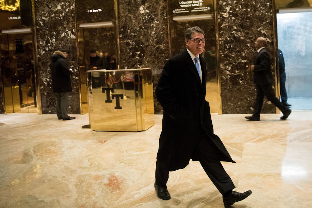 NEW YORK, NY - DECEMBER 12: Former Texas Governor Rick Perry walks through the lobby on his way out of Trump Tower, December 12, 2016 in New York City. President-elect Donald Trump and his transition team are in the process of filling cabinet and other high level positions for the new administration. (Photo by Drew Angerer/Getty Images)